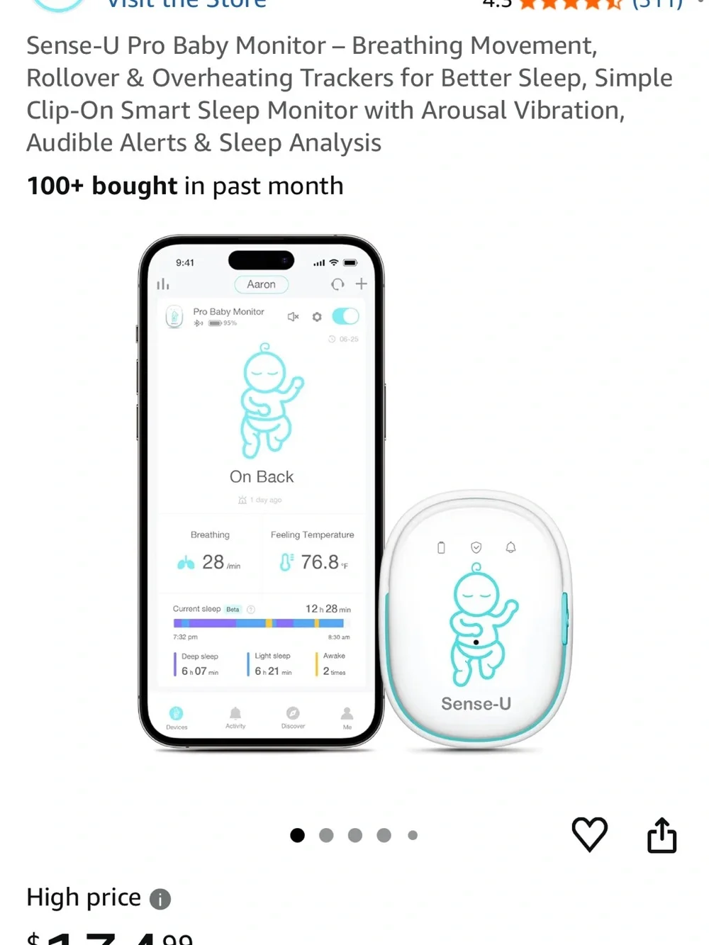 Sense-U Pro Baby Monitor Clip-On Smart Tracker in White & Teal